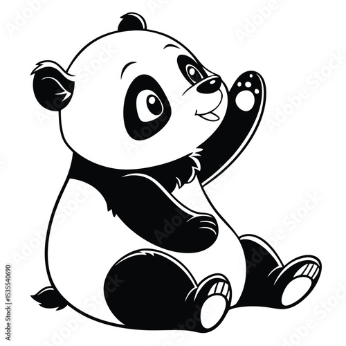 Adorable cartoon panda waving its paw friendly and playful black and white illustration