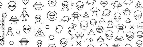 Alien and UFO doodles showcase imagination and creativity with unique designs and patterns on a white background