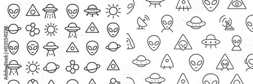 Creative black and white pattern featuring alien themes and spacecraft with various cartoonish designs