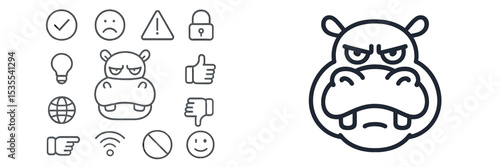 Illustrations of a hippo character and various emoticons in a black and white style