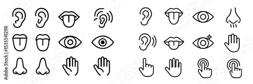 Illustrations of human senses including ears, eyes, nose, tongue, hands, and related actions in a simple linear style