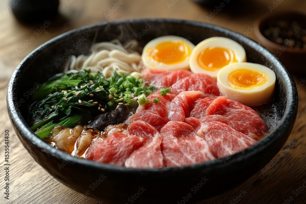 Close-up of a delicious bowl of ramen noodles featuring thinly sliced beef, soft-boiled eggs, fresh vegetables, and a flavorful broth Close-up of a delicious bowl of ramen noodles featuring thinly sliced beef, soft-boiled eggs, fresh vegetables, and a flavorful broth