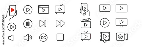 Collection of simple media playback icons in various styles for digital interfaces and applications