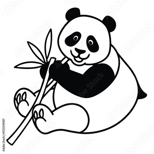 Adorable panda bear enjoying bamboo stalk outline black and white illustration of wildlife