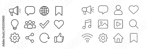 Collection of simple line icons representing communication, social interaction, and technology in a harmonious layout