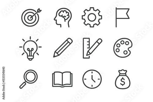 Icons representing various concepts in creativity, productivity, and planning for modern digital work environments