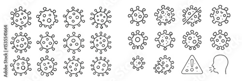Virus illustrations showing various shapes, sizes, and features with health warnings and symbols related to illness and protection