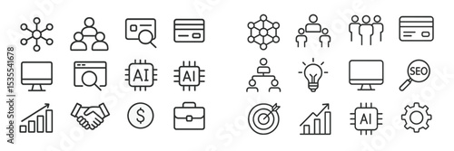 Collection of business and technology icons showcasing collaboration, innovation, and data analysis in a modern environment