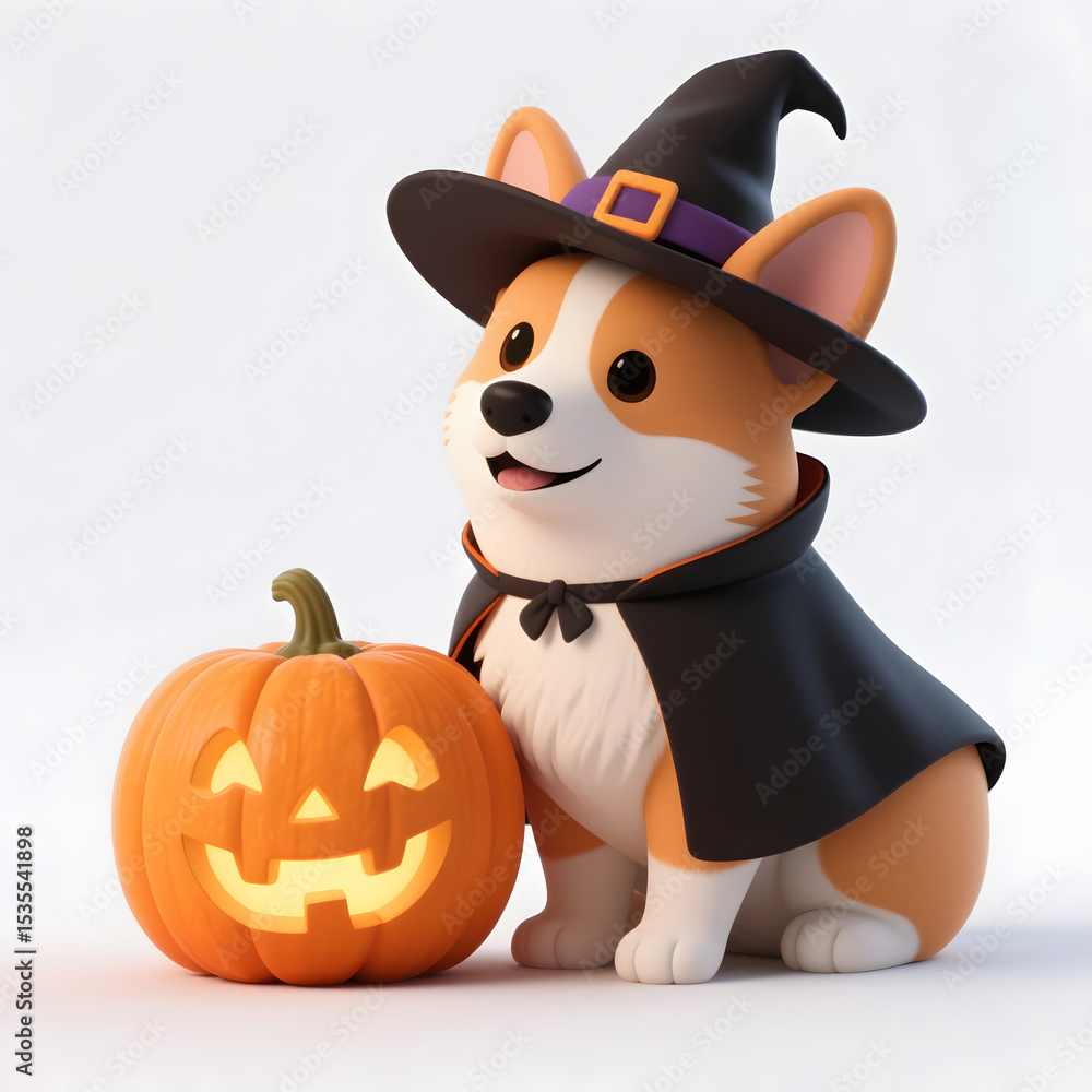 Fototapeta premium Cartoon Corgi in Witch Costume with Crooked Hat, Broomstick, and Jack-o'-Lantern on White Background for Halloween Illustration