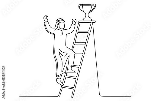 Celebrating achievement with a trophy at the top of a ladder during a success milestone event