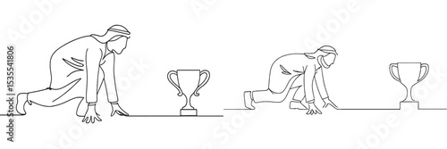 Two athletes ready for a race toward a trophy on a minimalist background with a theme of competition and victory