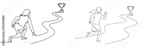 Woman in a race towards a trophy along a winding path, symbolizing determination and achievement