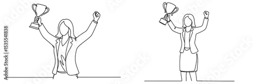 Celebrating victory with joy, two women holding trophies in professional attire during a successful moment
