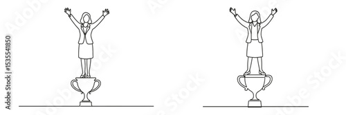 Success and achievement are celebrated through triumph on a trophy pedestal in a minimalist illustration