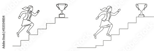 Determined girl climbing stairs towards a trophy, symbolizing ambition and achievement