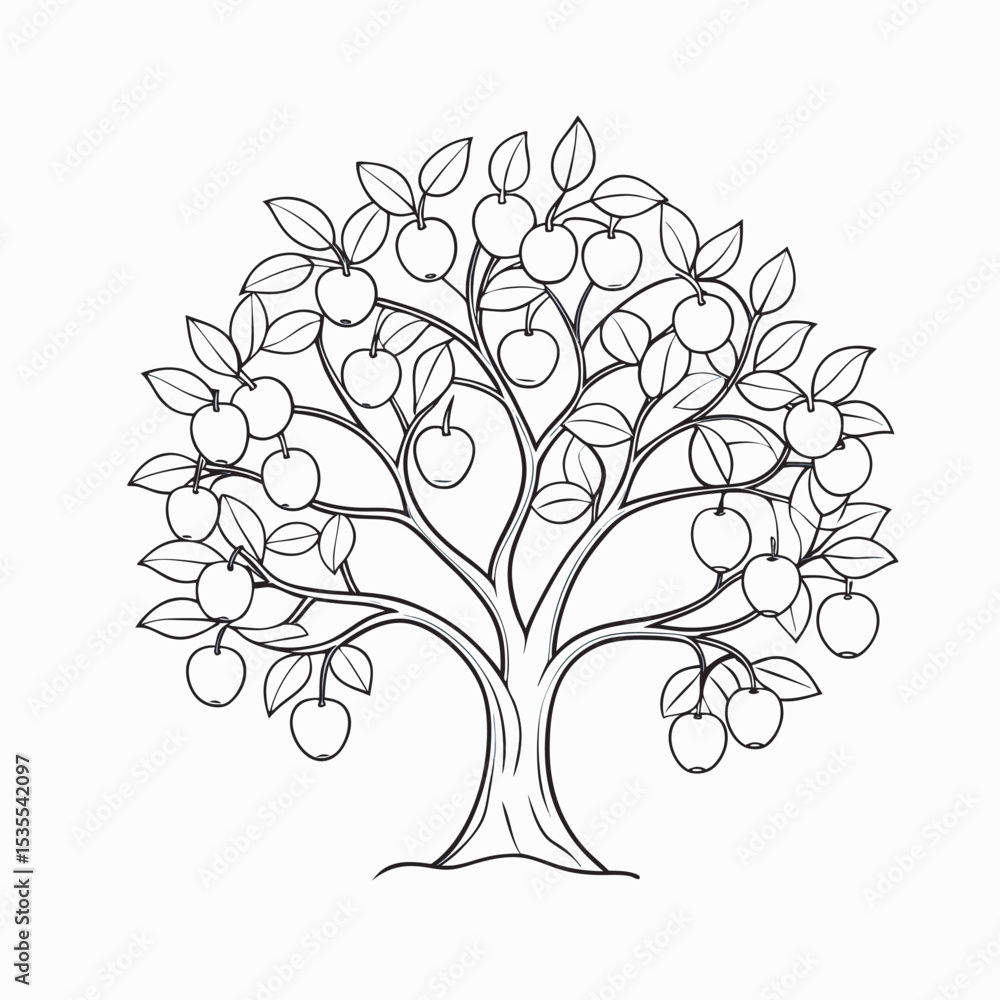 Obraz premium Outline Fruit Tree Vector – Minimalist Hand Drawn Apple Tree for Nature, Garden, and Organic Themes