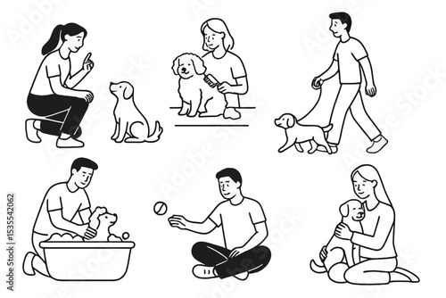 Activities showcasing caring pet owners engaging with their dogs in various settings throughout the day