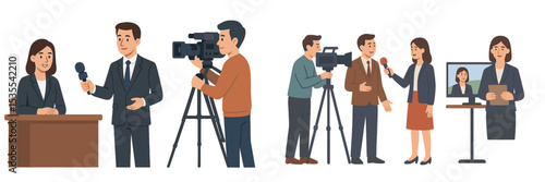 Media professionals engage in various broadcasting activities in a studio setting during daytime