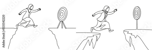 Person runs towards target while leaping over a gap between two cliffs in a dynamic illustration focused on determination and focus
