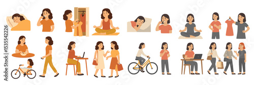 Women engaging in various daily activities showcasing self-care and wellness practices in diverse settings and moments
