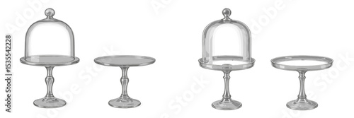 Clear glass cake stands elegantly displayed on white background perfect for desserts and special occasions
