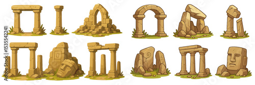 Stone structures and ruins illustrating ancient architecture in a lush green landscape during daylight
