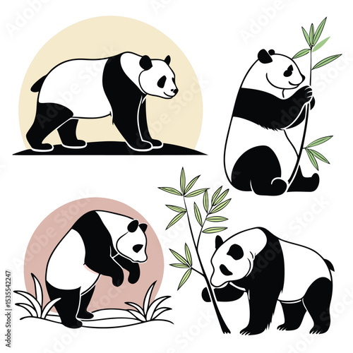 Adorable panda bears in various poses with bamboo in a simple and colorful illustration