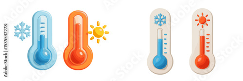 Colorful thermometers indicating temperatures for both cold and warm conditions in a minimalistic style