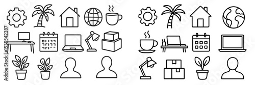 Illustration of various line art icons representing home office, nature, and global connectivity scenarios during daytime