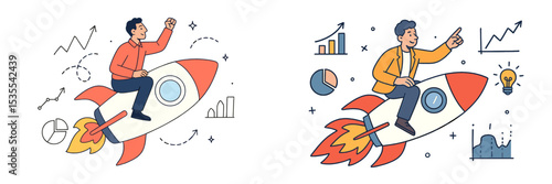 Creative illustration of a man riding a rocket while celebrating success and pointing at growth trends amid business graphs