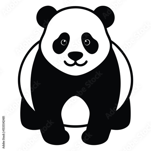 Adorable simple black and white cartoon illustration of a panda bear standing upright