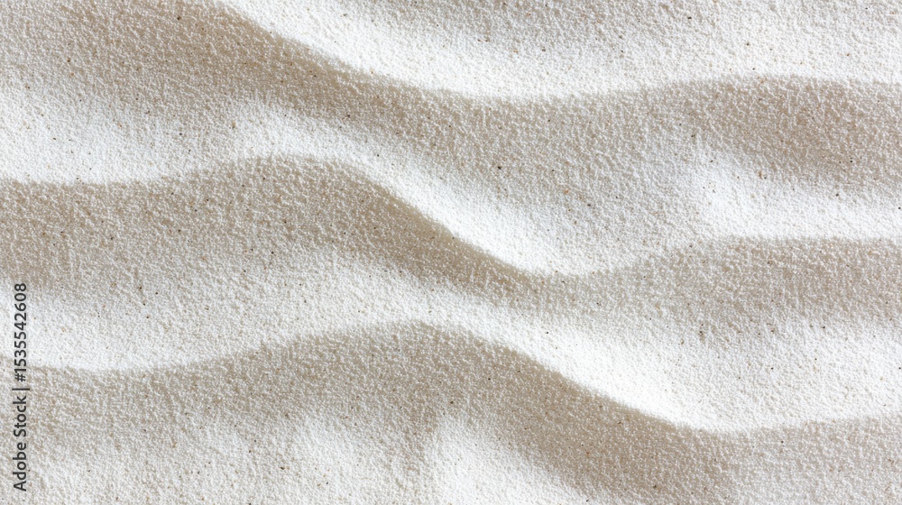 Pristine white sand forming gentle undulating patterns, revealing delicate granular texture characteristic of serene coastal landscapes and summer backdrops Pristine white sand forming gentle undulating patterns, revealing delicate granular texture characteristic of serene coastal landscapes and summer backdrops