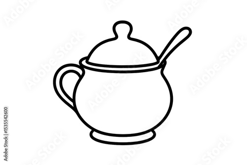 Sugar bowl with lid and spoon sitting on a tabletop, designed for serving sweeteners during meals