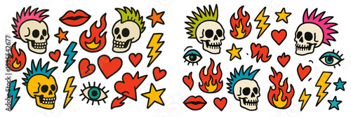 Colorful tattoo flash sheet featuring skulls, hearts, and bold designs with a punk aesthetic