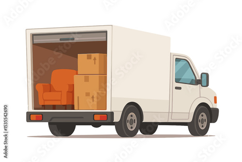 Moving truck parked with boxes and an armchair in the back at a residential location during the day