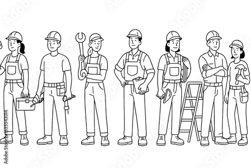 Diverse construction workers engaged in various tasks in a busy urban environment during daylight hours