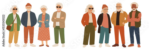 Elderly friends enjoying a cheerful gathering in a sunny park during autumn months, showcasing vibrant fashion choices