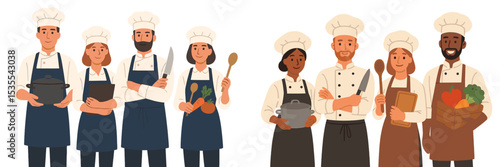 Chefs and cooks collaborating in a bustling kitchen environment, showcasing teamwork and culinary skills in a lively atmosphere