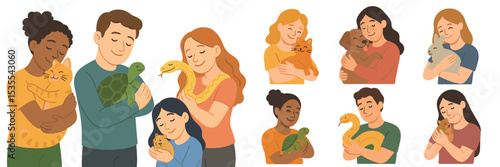 Families happily interacting with various pets in a studio setting during daytime