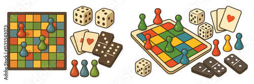Colorful collection of board games and dice displayed on a tabletop during a casual game night with friends