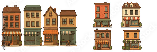 Artistic representation of charming shops on a bustling street, showcasing unique architectural styles and inviting storefronts