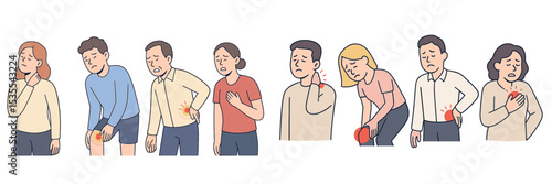 Various individuals expressing discomfort in different body parts during different activities throughout the day