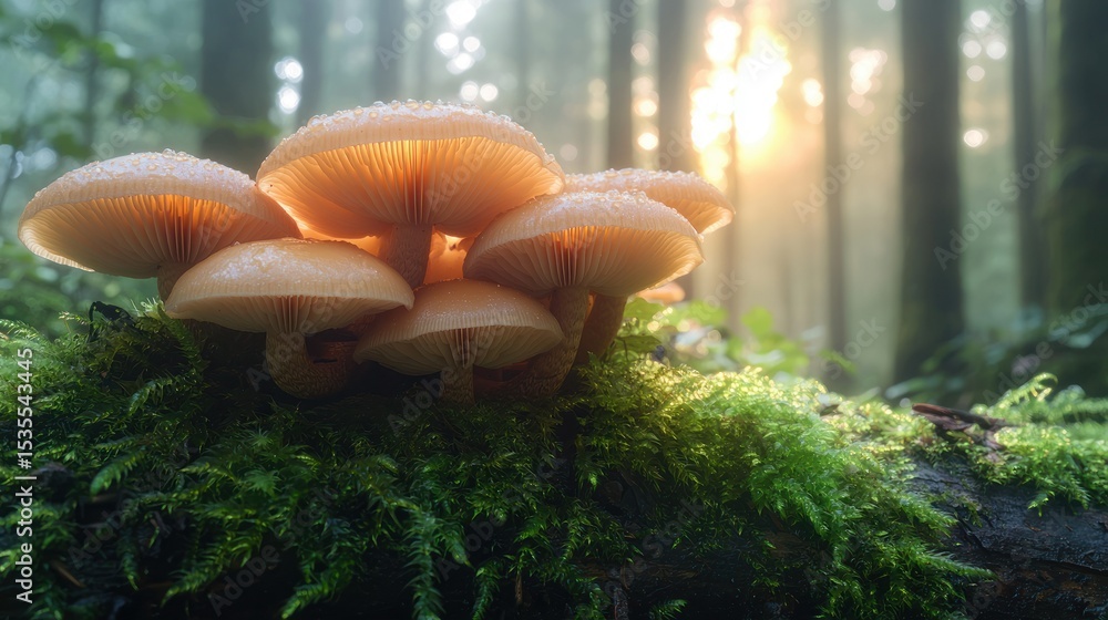 Fototapeta premium Cluster of mushrooms on mossy log in a sunlit forest
