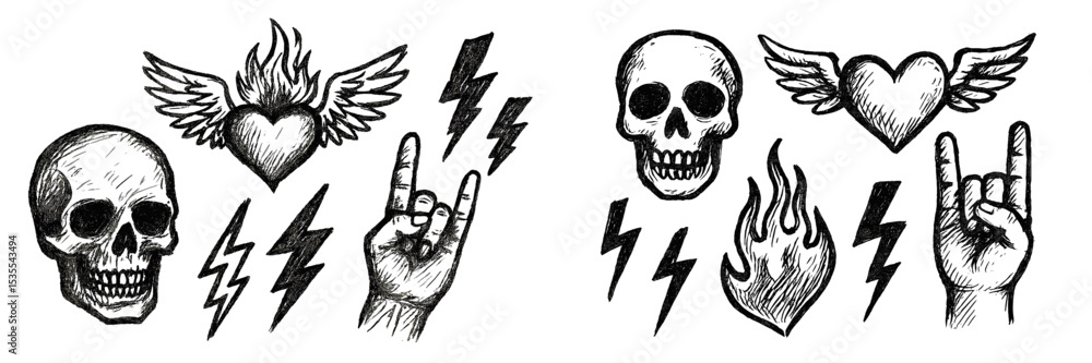 Fototapeta premium Creative collection of sketched skulls, hearts, and symbols depicting rock culture in a bold and edgy style