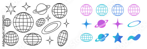 Colorful planets and stars illustrations with varying designs and styles showcasing creativity and imagination