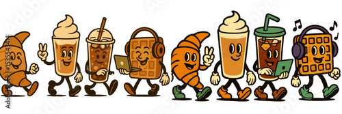 Delicious cartoon characters representing various breakfast foods enjoying a joyful stroll in a lively atmosphere
