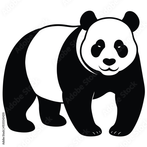 Black and white illustrated design of a cute and playful standing panda bear