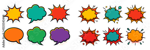Colorful comic style speech bubbles in various shapes and sizes displayed on a white background