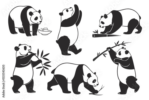 Black and white vector illustration of playful pandas enjoying bamboo and other foods