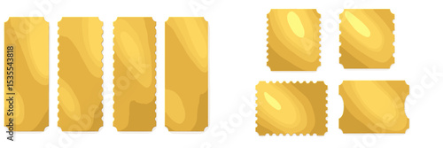 Golden tickets in various shapes and sizes displayed on a white background